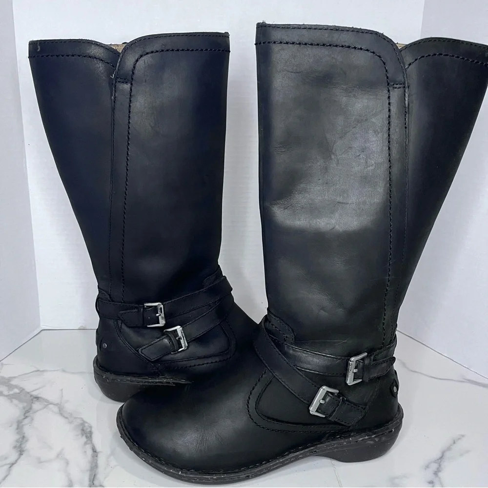 UGG Rosen Tall Black Leather Riding Boots Women’s Size 7 Buckle Zip Winter